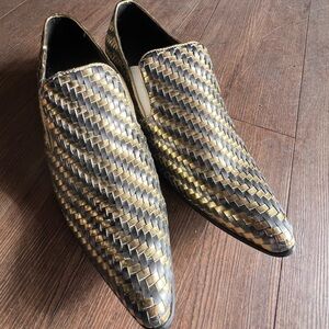 men's metallic gold woven leather loafers gold shoes